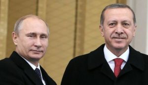 Presidents of Russia and Turkey pose together.