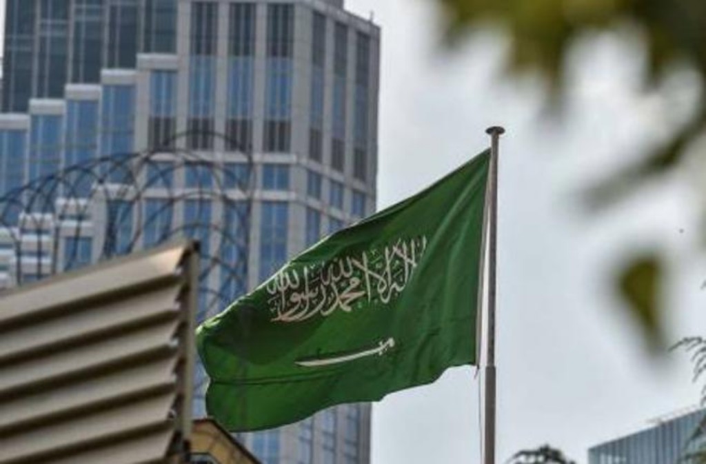 Saudi Arabian flag flying in front of the country's consulate in Istanbul, Turkey.
