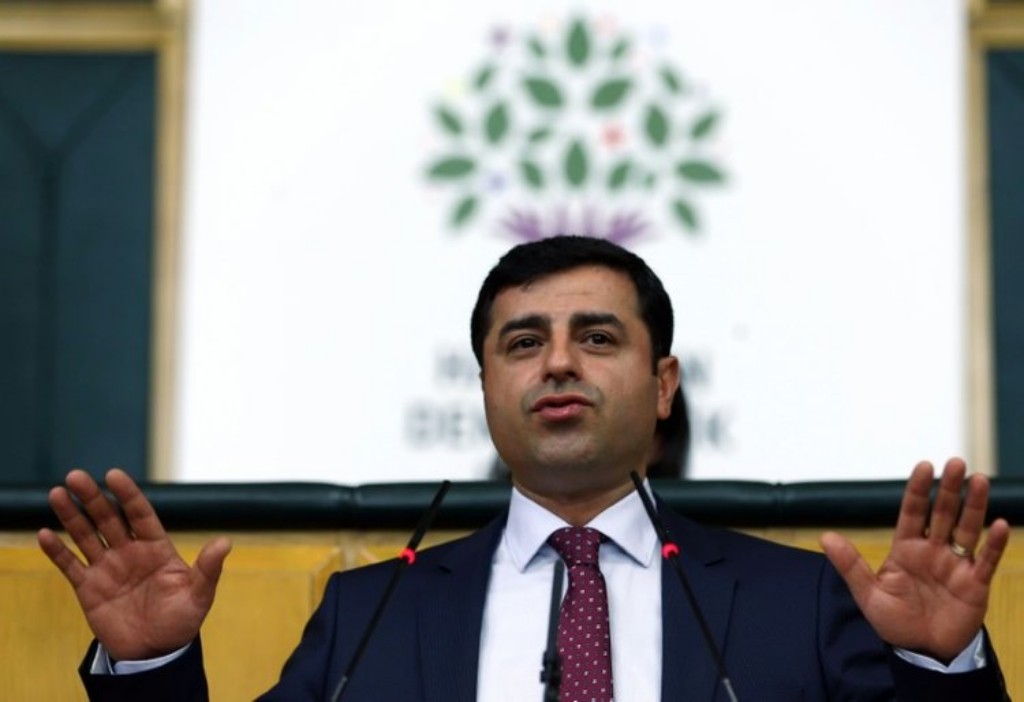 Jailed pro-Kurdish party leader Selahattin Demirtas speaking at an event.