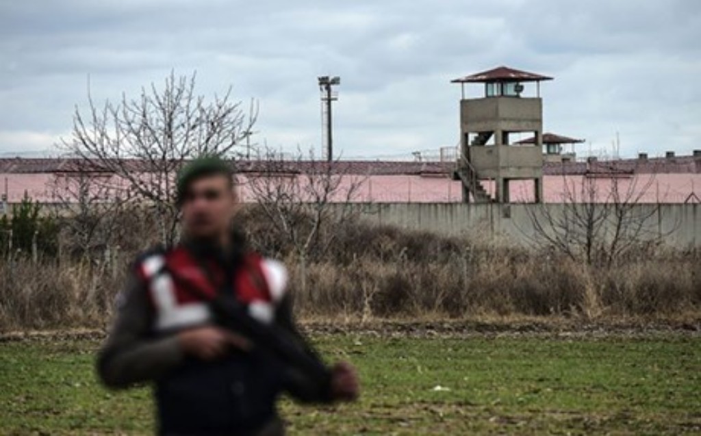 A soldier stands guard outside the Edirne prison.