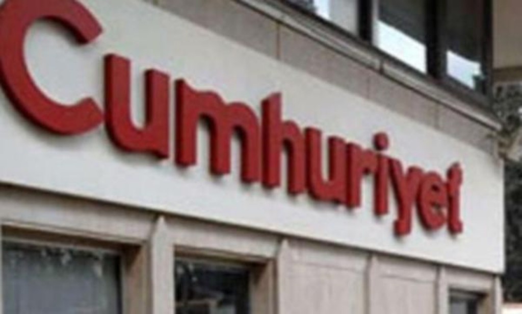 The sign of the Cumhuriyet daily outside its office building.
