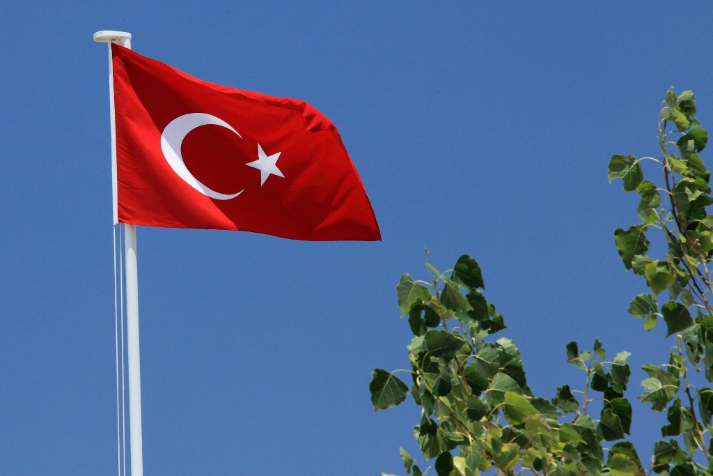 A Turkish flag with a blue sky in the background and leaves of a tree.