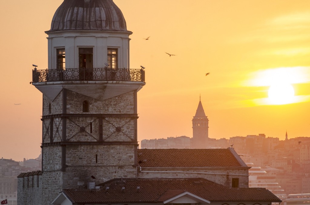 Maiden's Tower and Galata Tower of Istanbul, Turkey.